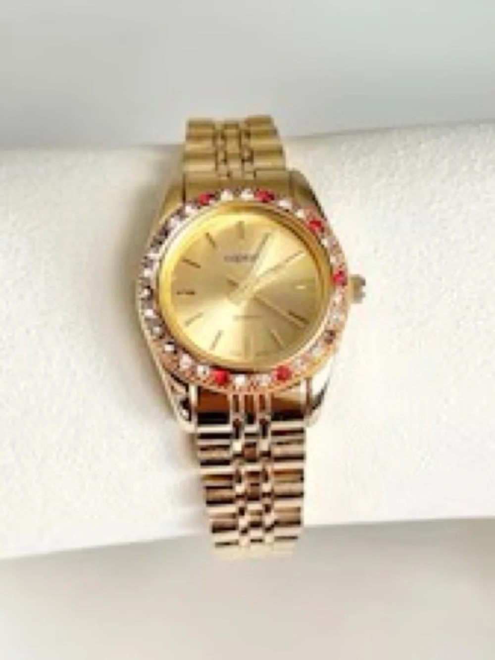 Gold-Tone Women's Bracelet Watch with Red Crystal Accents